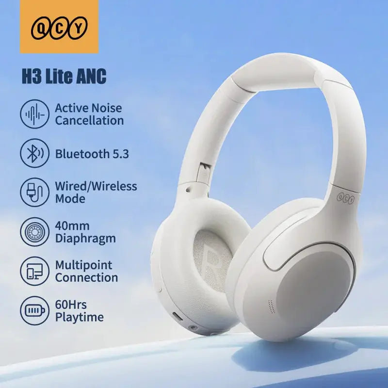 QCY H3 Lite ANC white over-ear headphones; Bluetooth 5.3, wired/wireless mode, 60h playtime