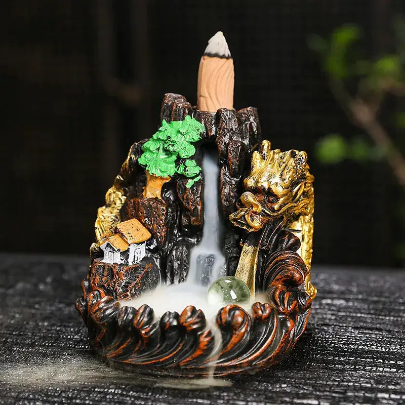 Resin Cascade Backflow Incense Burner With Mountain Waterfall Design For Home Decor And Meditation Gift