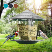 Simples Market bird feeder; outdoor hanging seed dispenser with clear plastic container and dark metal roof.