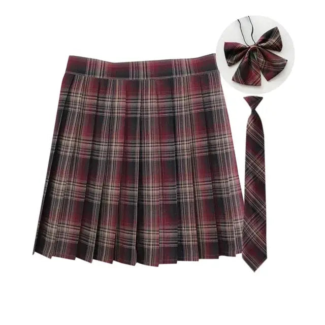 3-piece women's plaid pleated skirt with necktie and bowtie in red-black plaid by Simples Market