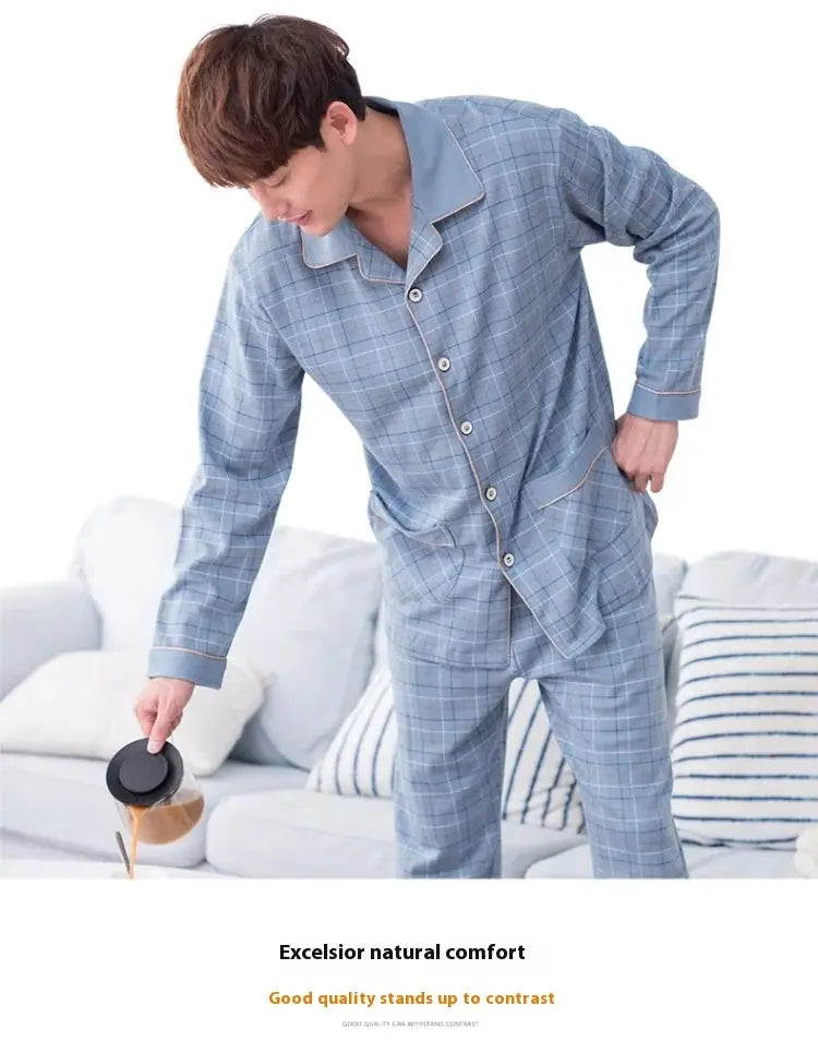 Cotton Men Pajamas Set of Autumn Winter Long-Sleeved Cardigan Plus Size Men Models of Home Clothing Plaid Sleepwear 2PCS/Set