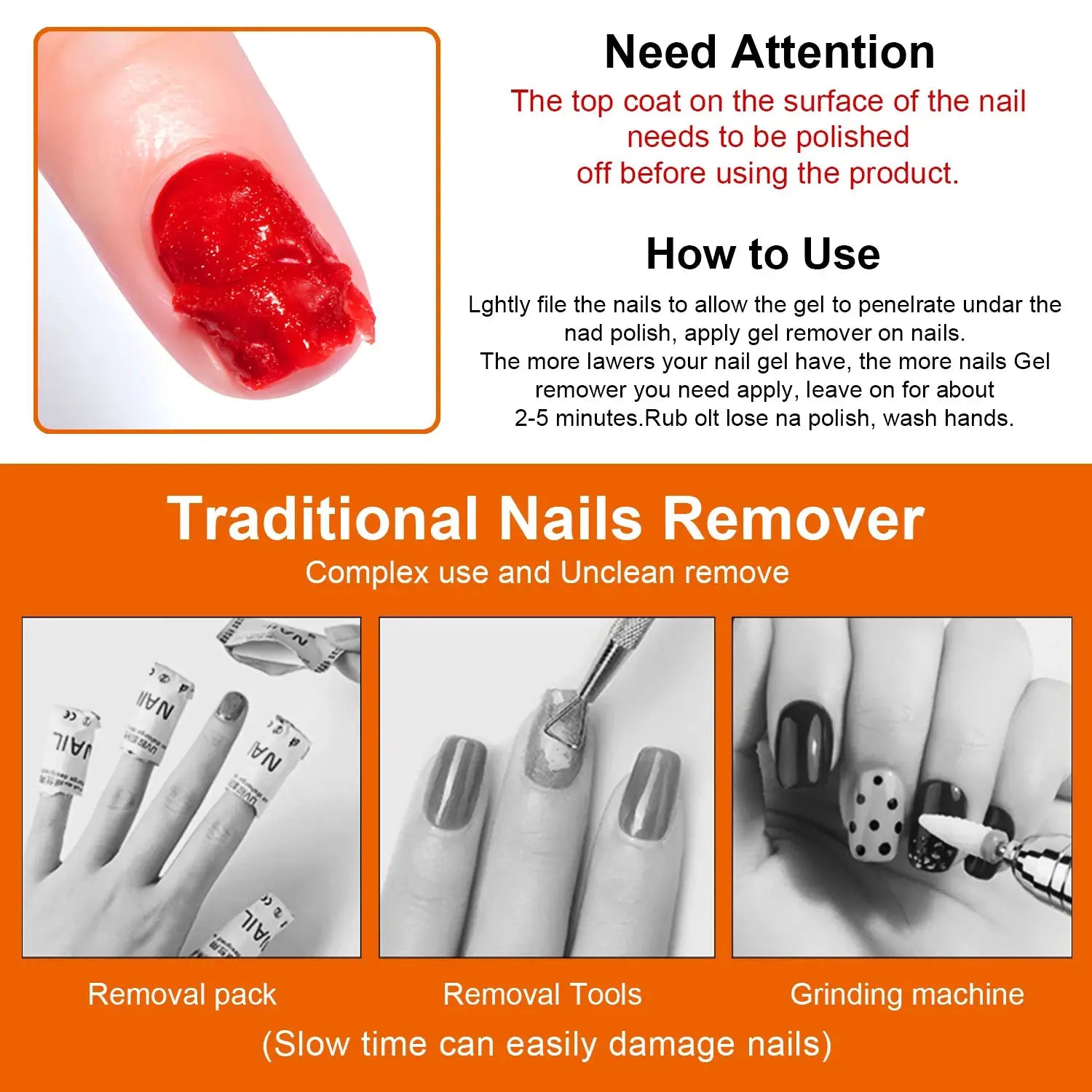 Twoing Nail Gel Polish Remover by Simples Market; close-up of red gel nail on an infographic with orange borders.