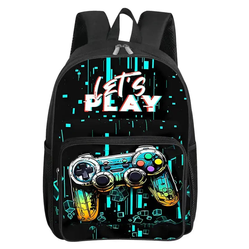 GamePad-pattern kids' backpack with front pocket, black with neon controller graphic