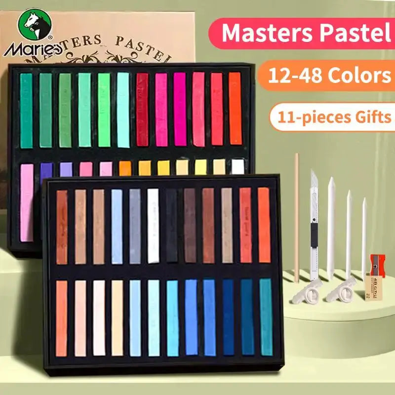 Pastel square chalk crayons set by Simples Market; two black cases with 12–48 colors for students and beginners