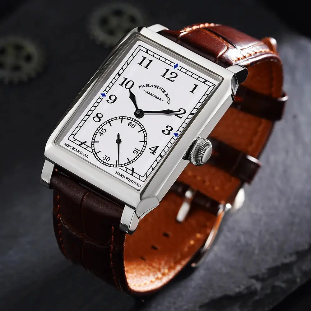 FARASUTE 2026 retro square men's wristwatch with mechanical movement, sapphire glass and brown leather strap
