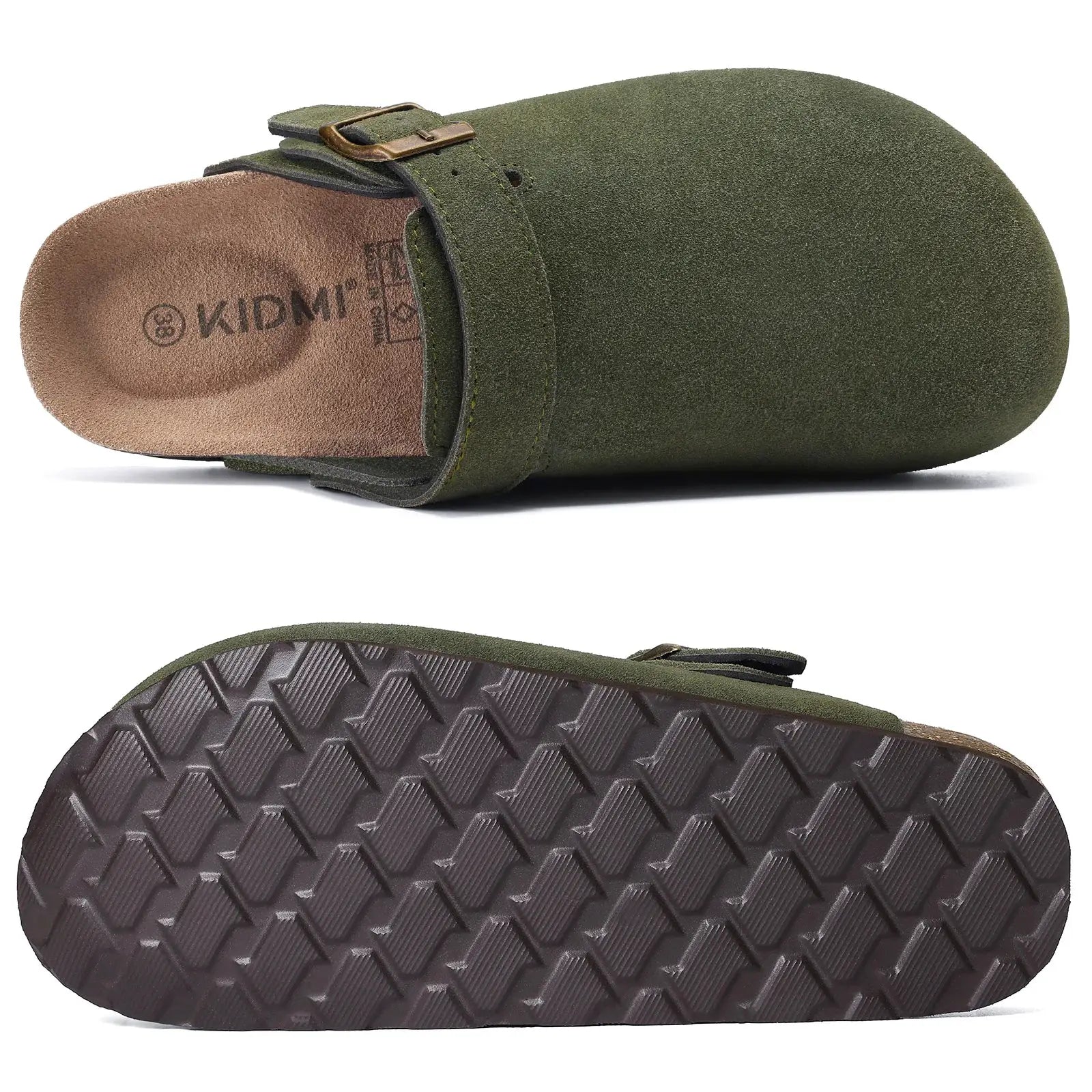 Litfun green suede women's clog with adjustable strap and cork footbed, rugged rubber outsole