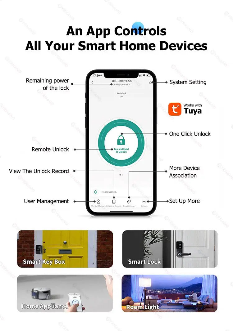 YRHAND TTlock smart lock by Simples Market with Tuya; app control UI and four items shown.