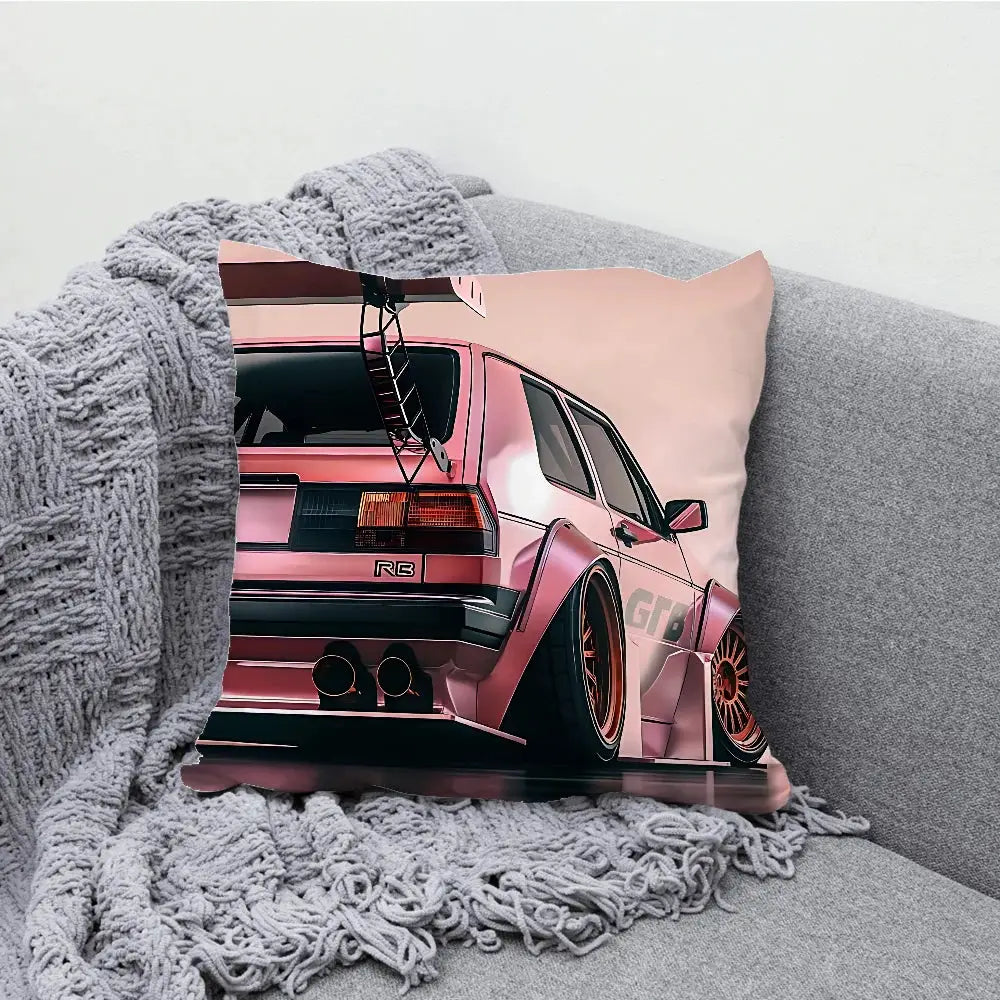 G-GTI car pillow case by Simples Market; pink soft cushion with a sporty car design.