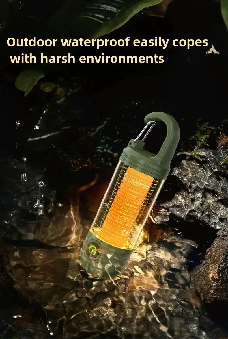 Simples Market outdoor LED camping flashlight, rechargeable, waterproof, green with carabiner.