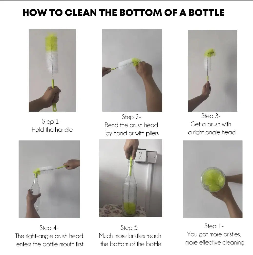 Simples Market 16-inch long bottle brush cleaner with lime-green bristles for washing wine, beer, sport and glass bottles.