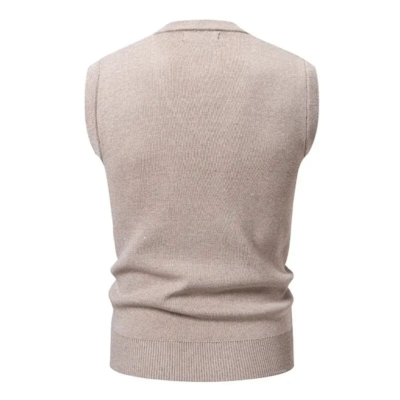 Men's argyle knitwear vest, beige sleeveless knit with ribbed hem, slim casual fit