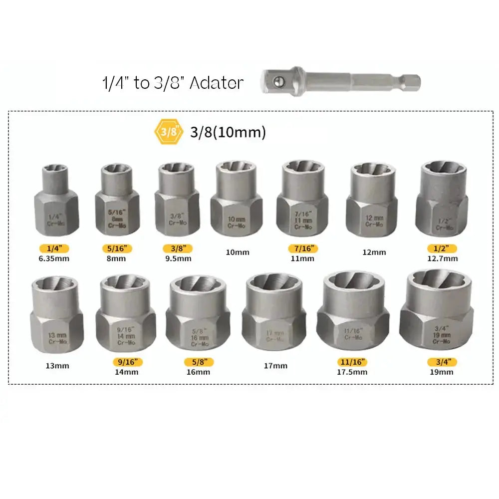 14 Piece Impact Bolt And Nut Remover Set Steel Bolt Extractor Tool Set With Solid Storage Case For Industrial Use