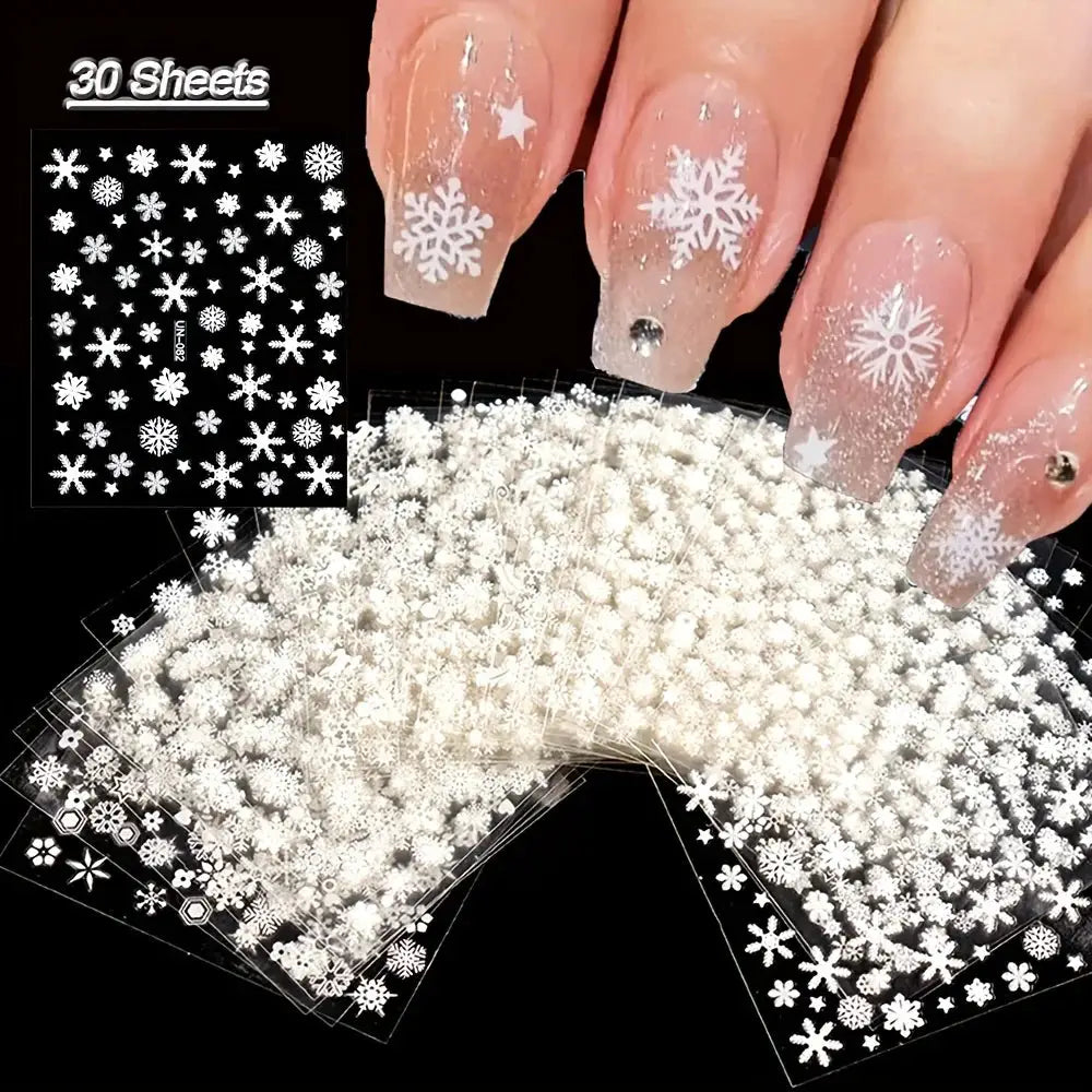 Nail art stickers: 30-sheet 3D self-adhesive decals with white snowflakes and snowmen for nails by Simples Market