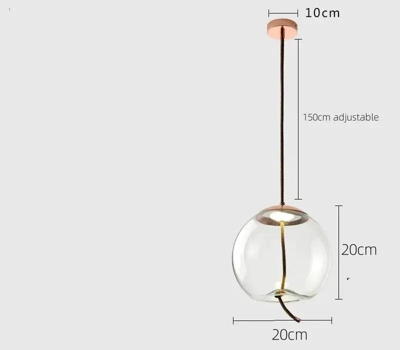 Pendant lamp with clear glass globe, brown hemp rope, copper canopy, and adjustable cord up to 150cm