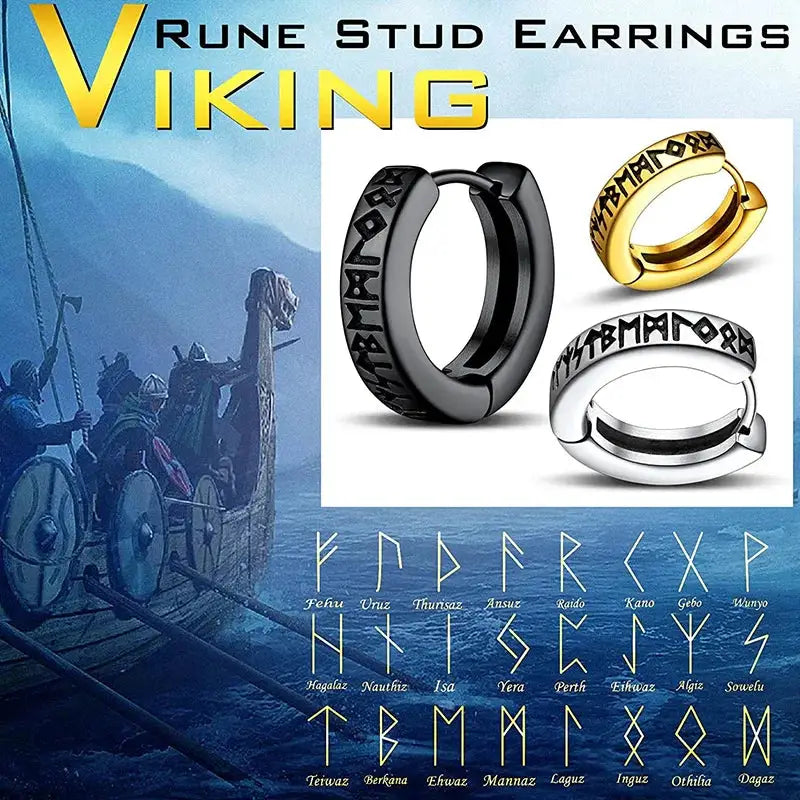 Stainless Steel Norwegian Viking Rune Hoop Earrings For Men Women Unisex Religious 12mm Huggie Ear Jewelry