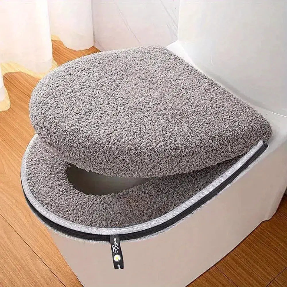 Simples Market toilet seat cushion set; thick gray plush covers with zipper, machine washable, universal fit (2-piece).