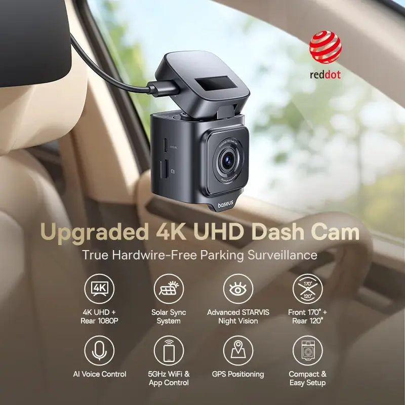 Baseus VD1 Pro 4K+1080P dash cam mounted on car windshield; 5GHz WiFi and STARVIS night vision