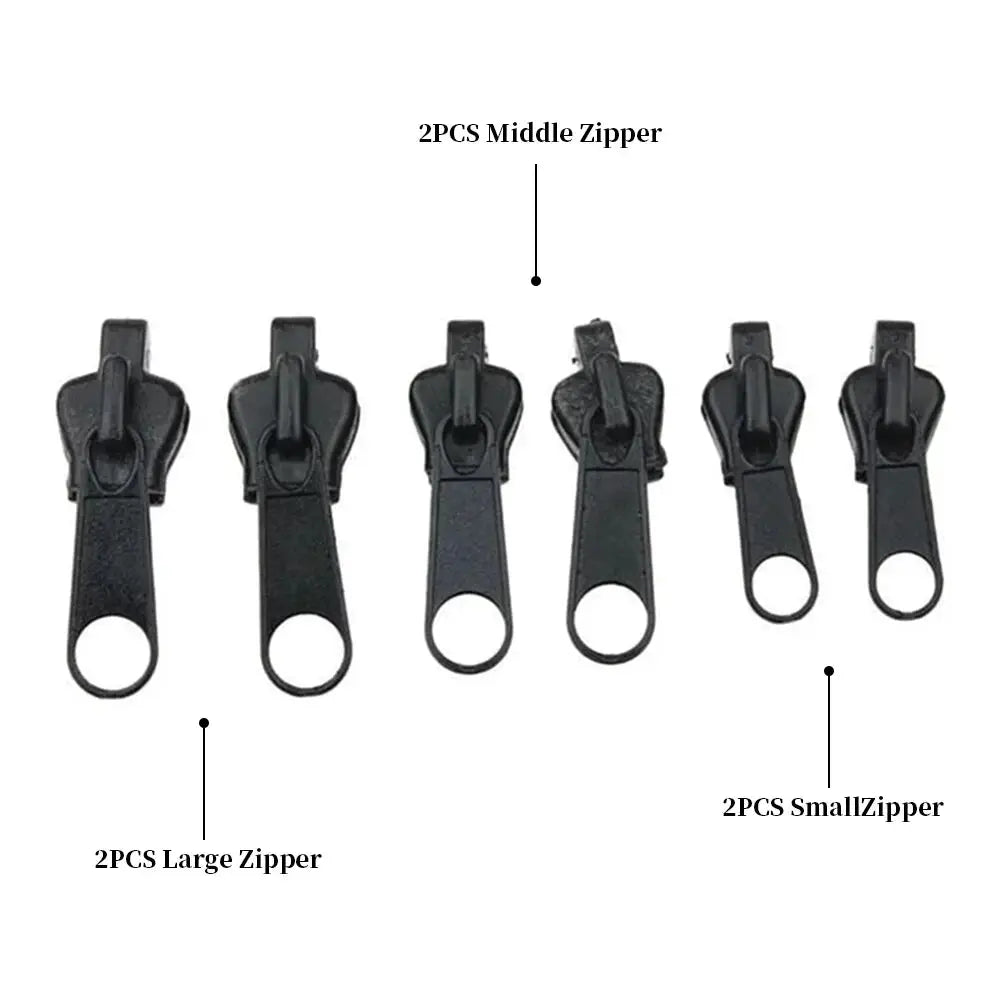 Zipper slider repair kit: six black sliders in three sizes (2 large, 2 middle, 2 small)