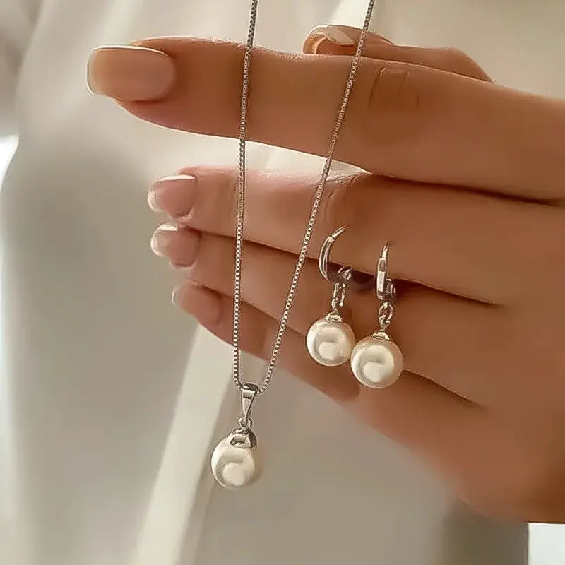 Fashion Pearl Jewelry Set For Women Dangle Earrings And Pendant Necklace Simple Dainty Daily Wear Party Accessories