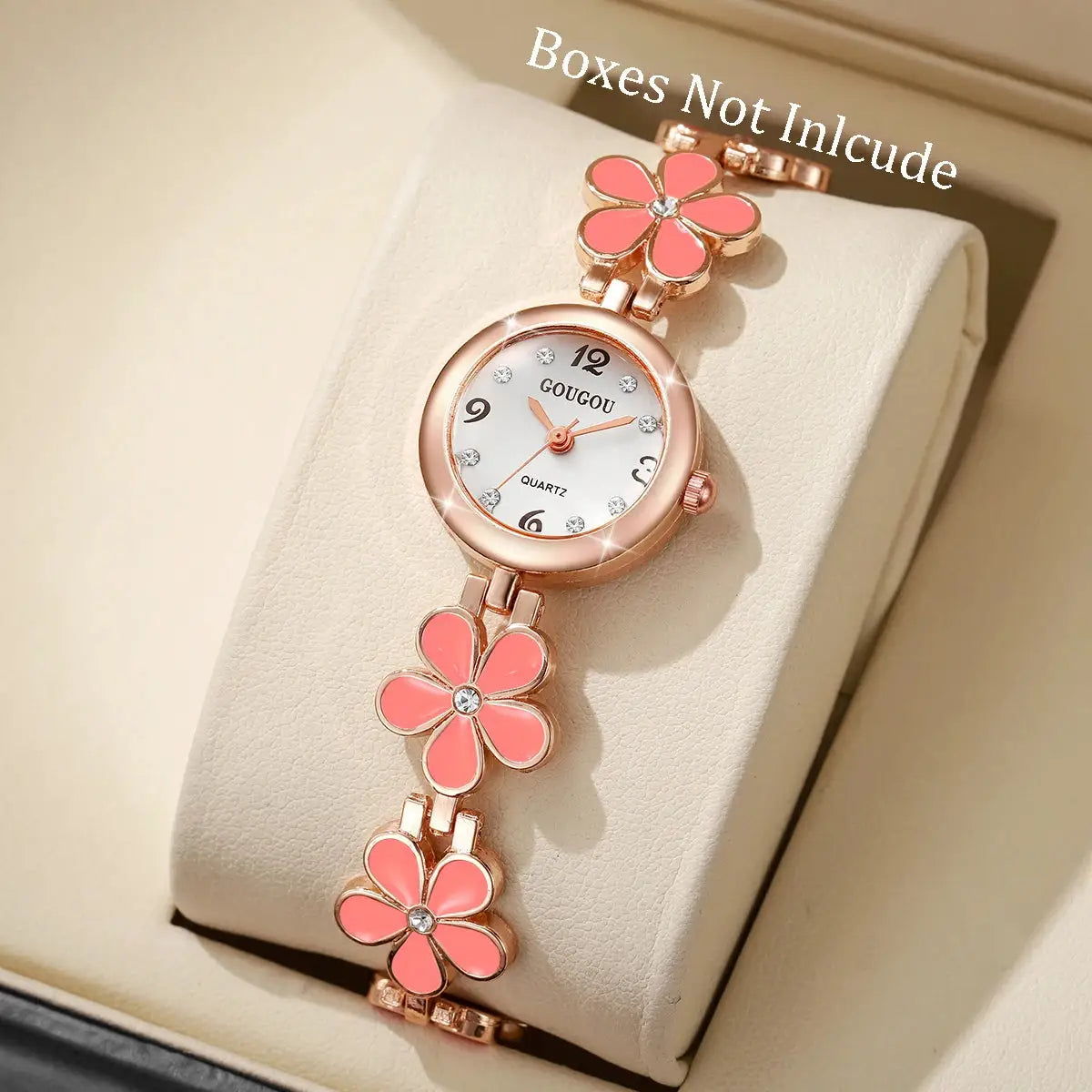 Women's rose-gold bracelet watch with pink enamel flower links and crystal centers, GOUGOU.