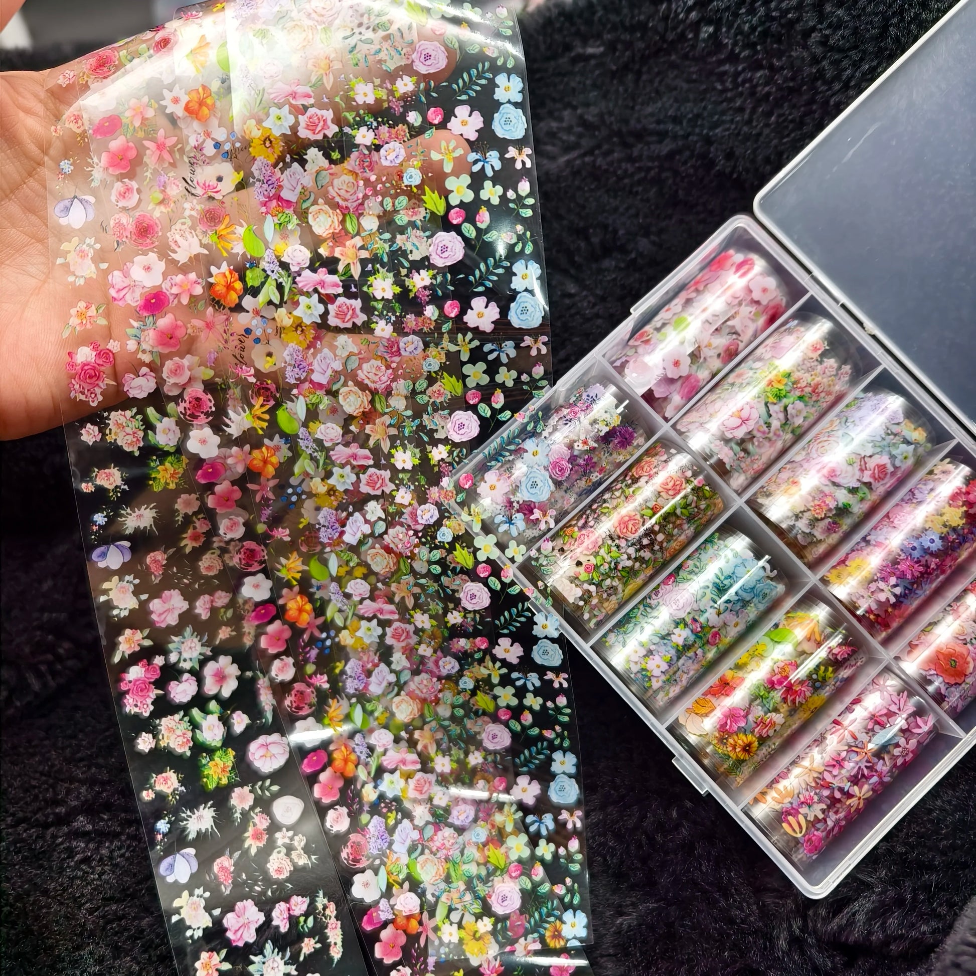 Nail art stickers set: clear sheets with colorful floral decals for nails (10 rolls)