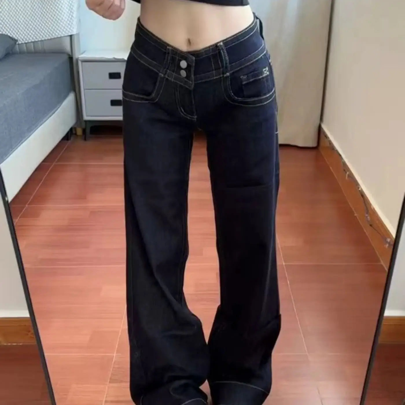Womens Bootcut Jeans Double Waist Button Loose Fit American Pants