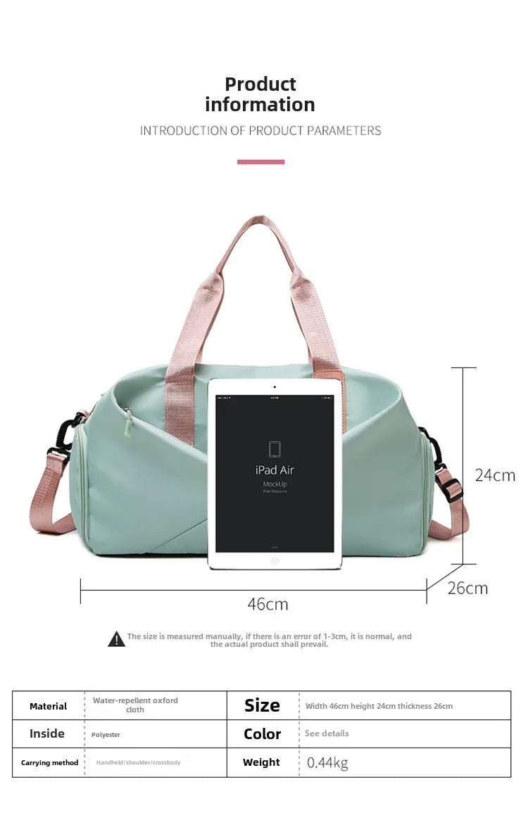 Simples Market fitness bag in mint green with pink handles; large-capacity gym bag with dry-wet separation.