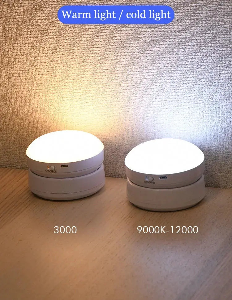 Night light USB motion sensor round LED lamp, Simples Market, 2-pack with warm 3000K and cool 9000–12000K light