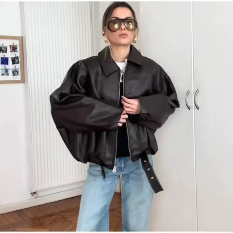 LuxeWear Vintage Womens PU Leather Bomber Jacket With Zipper Closure And Belted Lapel For Stylish Autumn Streetwear