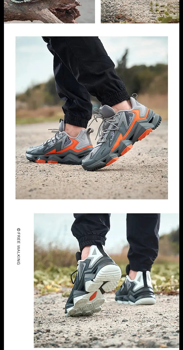 Rax men's waterproof hiking shoes in gray with orange accents and rugged outsole for outdoor treks