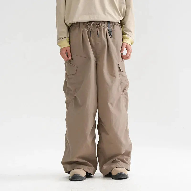 Simples Market Ultra Loose Outdoor Functional Pants, beige cargo wide-leg, unisex with drawstring waist