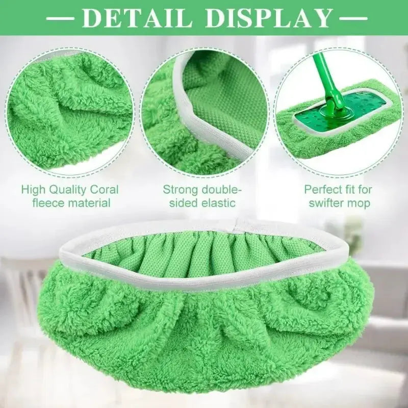 Green microfiber mop pads by Simples Market; reusable wet/dry cleaning cloths with coral fleece material and elastic edge