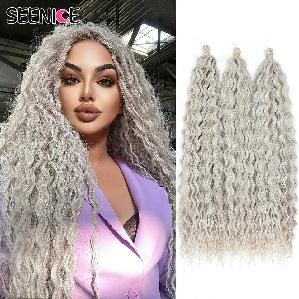 SEENICE Ariel Curl Water Wave Crochet Hair extensions, 22in, ombre gray, 3-bundle set, synthetic braids