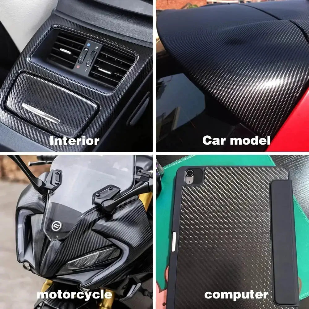 2D-9D carbon fiber wrap vinyl in matte black finish; waterproof adhesive for interior, car, motorcycle, and laptop case