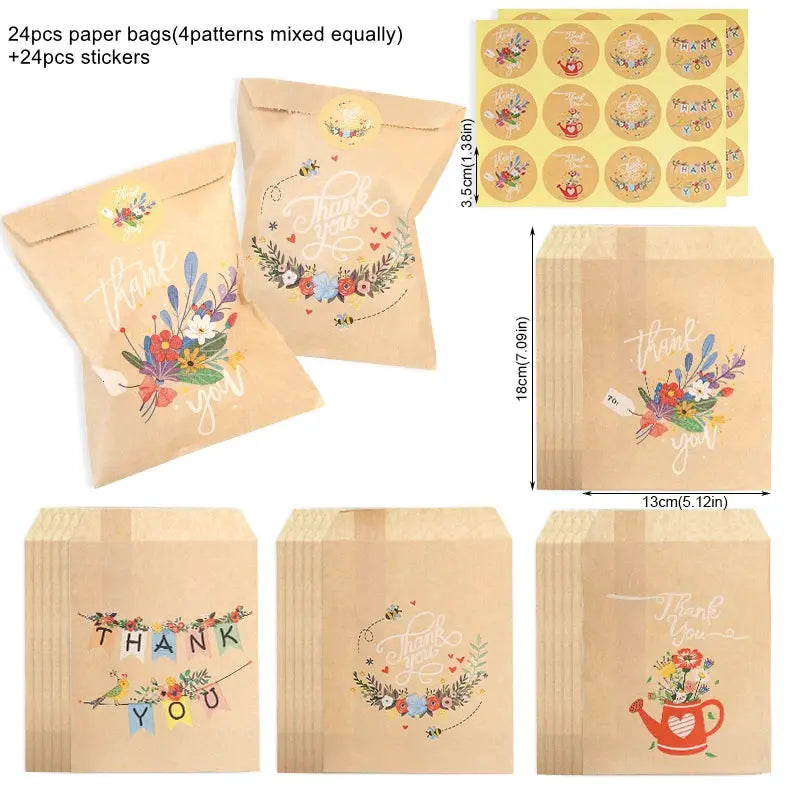 Kraft paper gift bags, 24-pack by Simples Market, featuring rainbow dino illustrations, floral accents, and Thank You designs