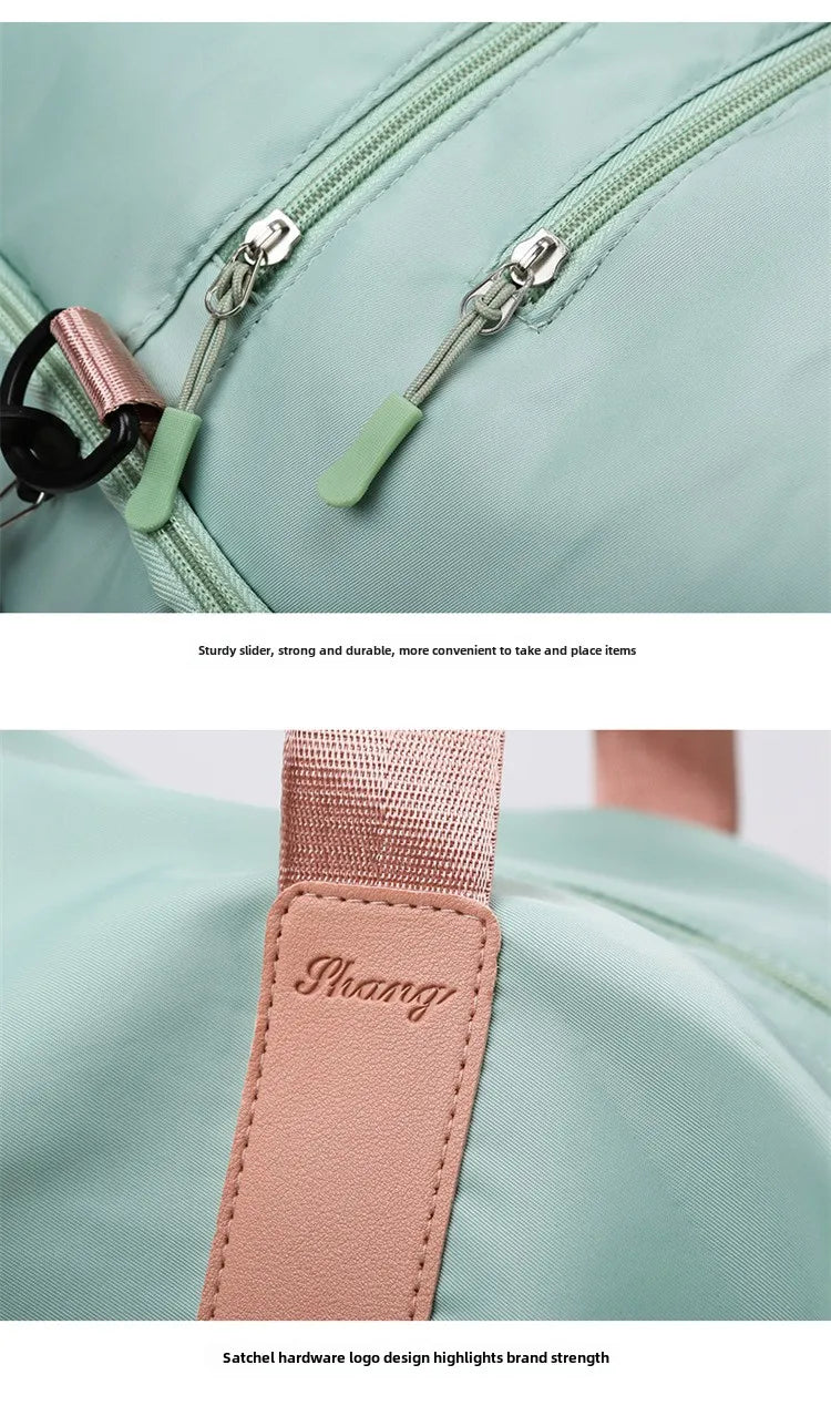 Fitness bag mint-green with dual zippers and pink Phang logo strap; waterproof travel/yoga bag