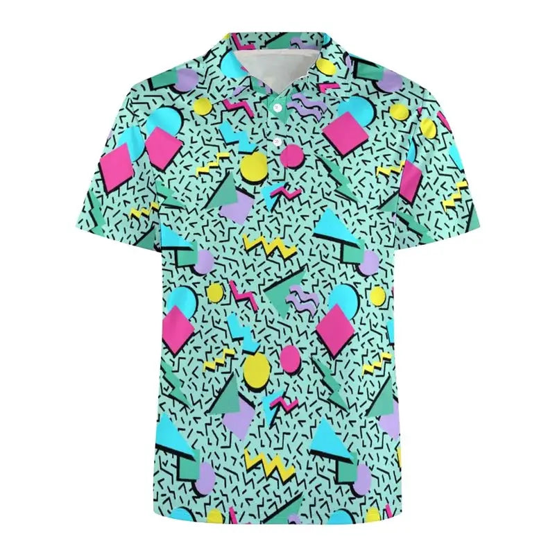 Men's polo shirt with retro 80s–90s geometric print in teal and bright colors, short sleeves, Simples Market.