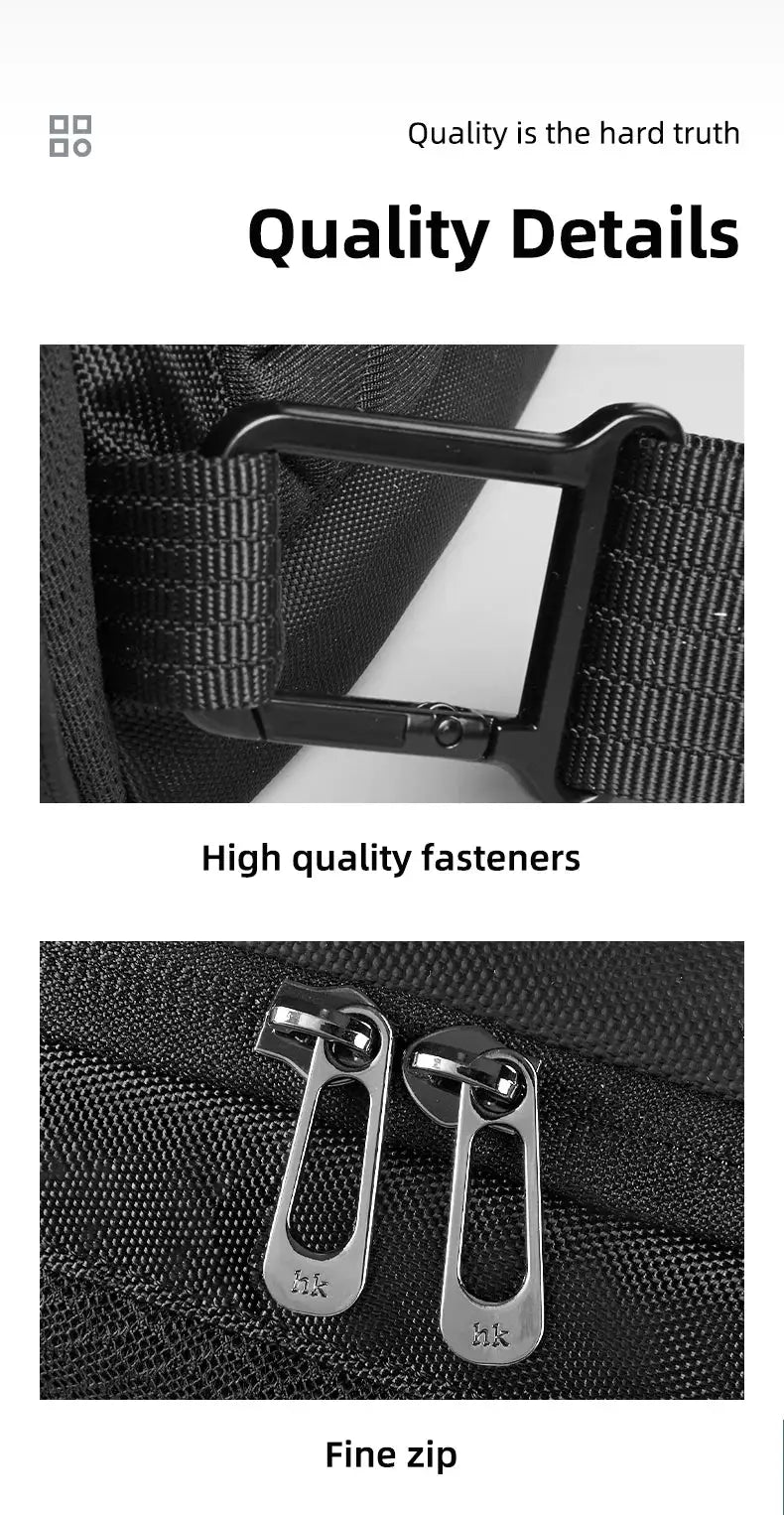 Shoulder bag, black HK anti-theft men's bag with metal zippers and multiple pockets