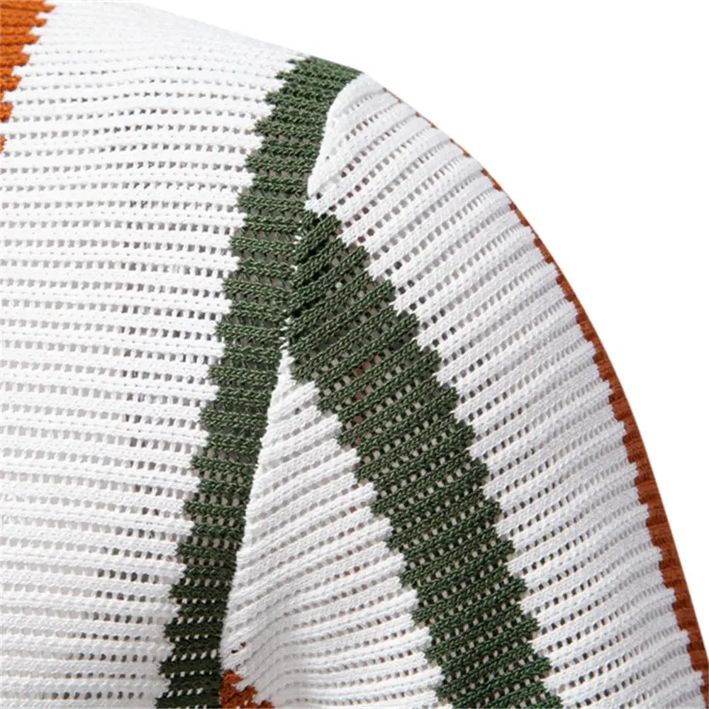 AIOPESON men's ribbed knit polo shirt; white base, green stripe and brown trim, comfortable collar, breathable.