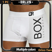 Men's white cotton boxer briefs with a bold vertical BOX graphic on the right leg and a front pouch.