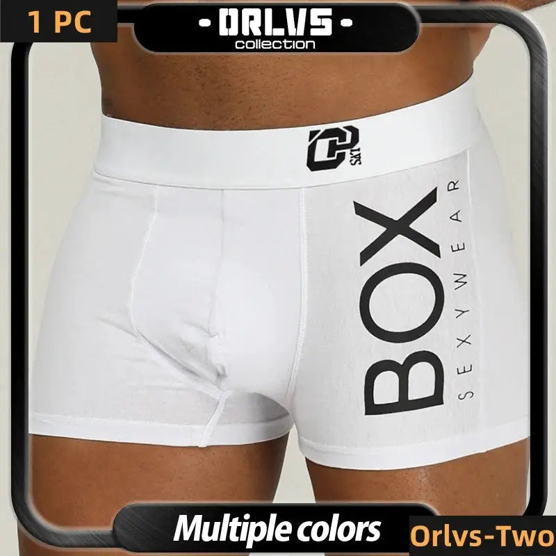 Men's white cotton boxer briefs with a bold vertical BOX graphic on the right leg and a front pouch.