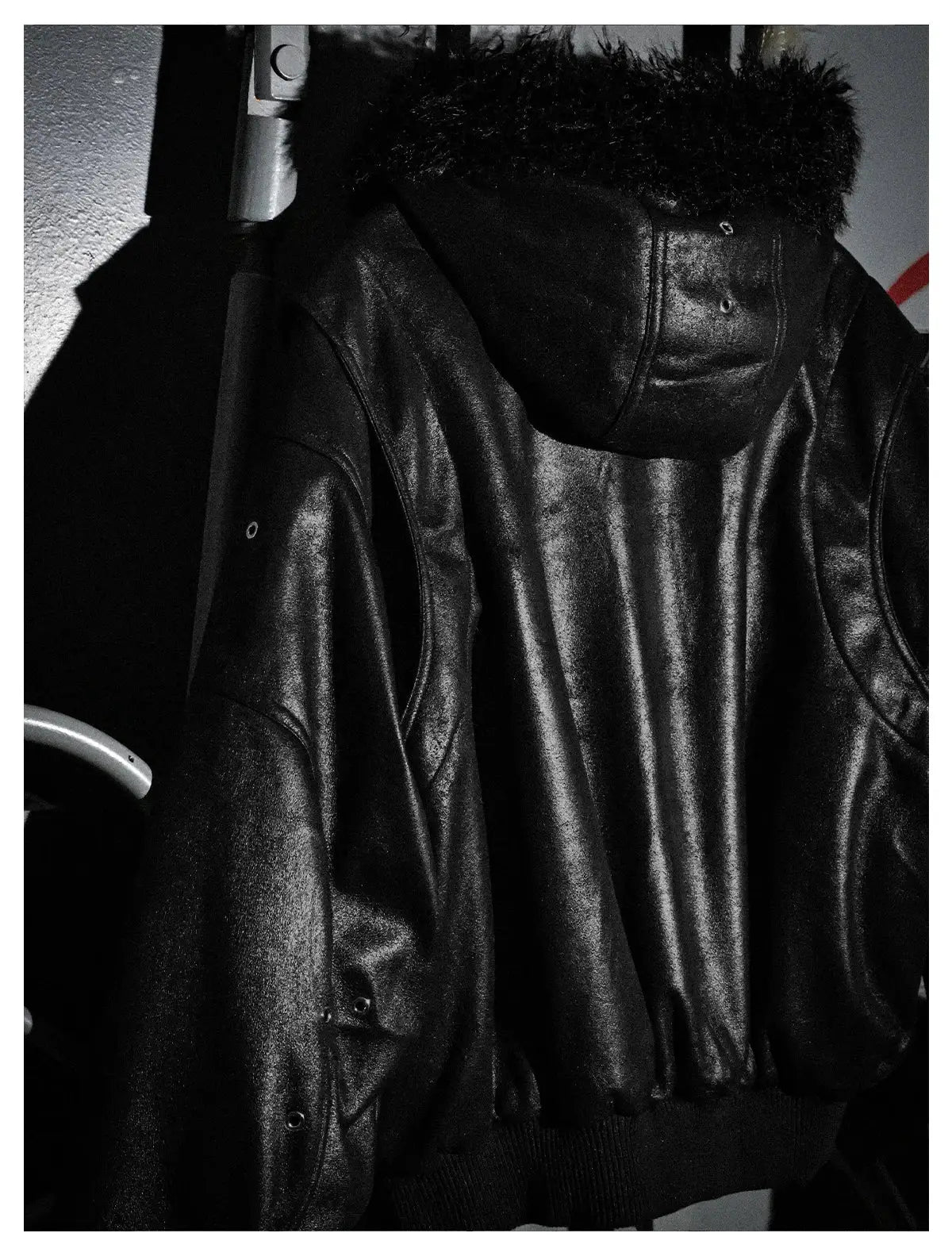 Mauroicardi men's black PU leather jacket with faux fur hood, oversized and warm