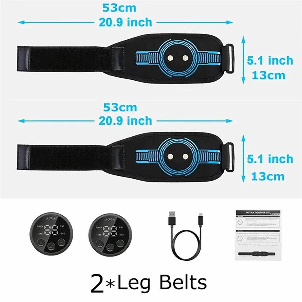 Simples Market EMS belt massage set; black USB-charging full-body belt with blue accents, includes 2 leg belts and two control units