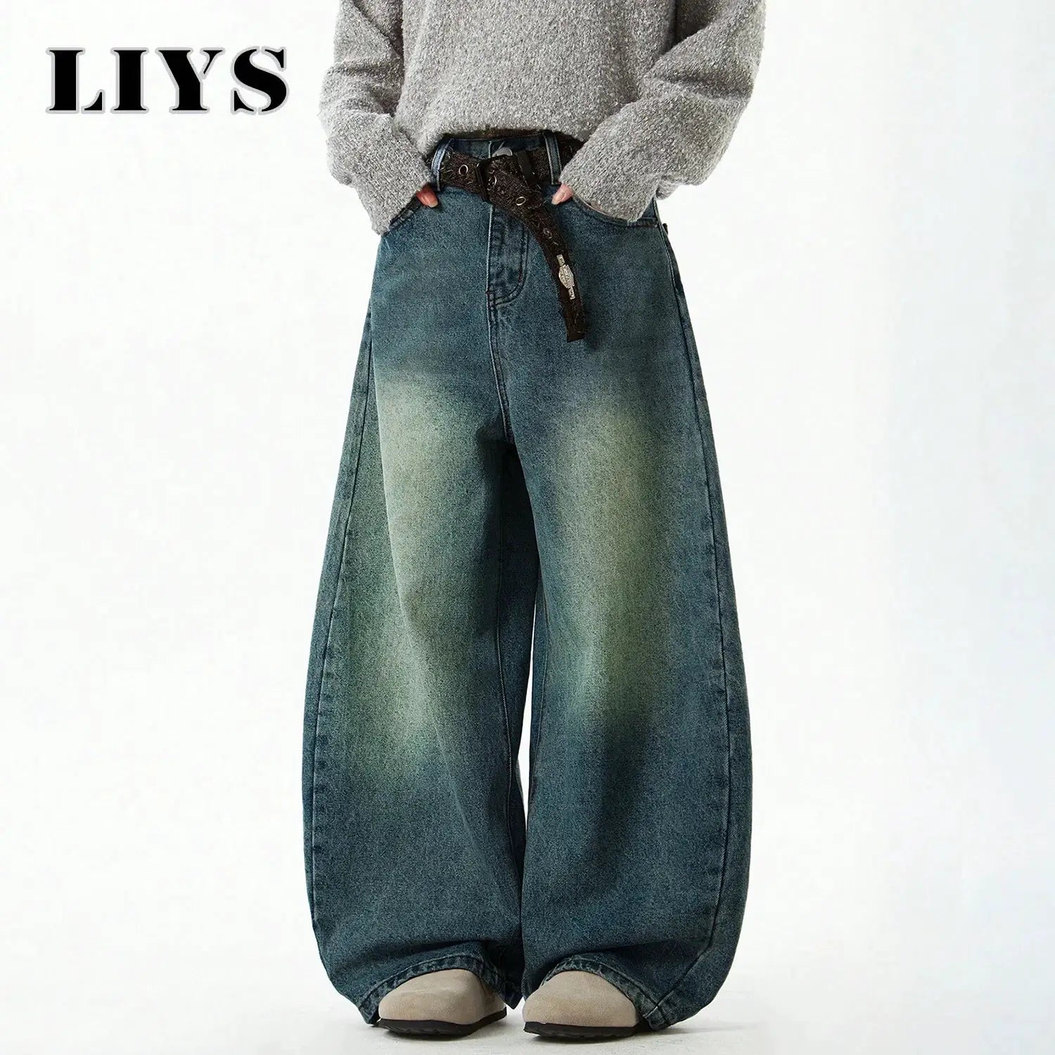 Men's blue wide-leg denim baggy jeans with belt, Simples Market