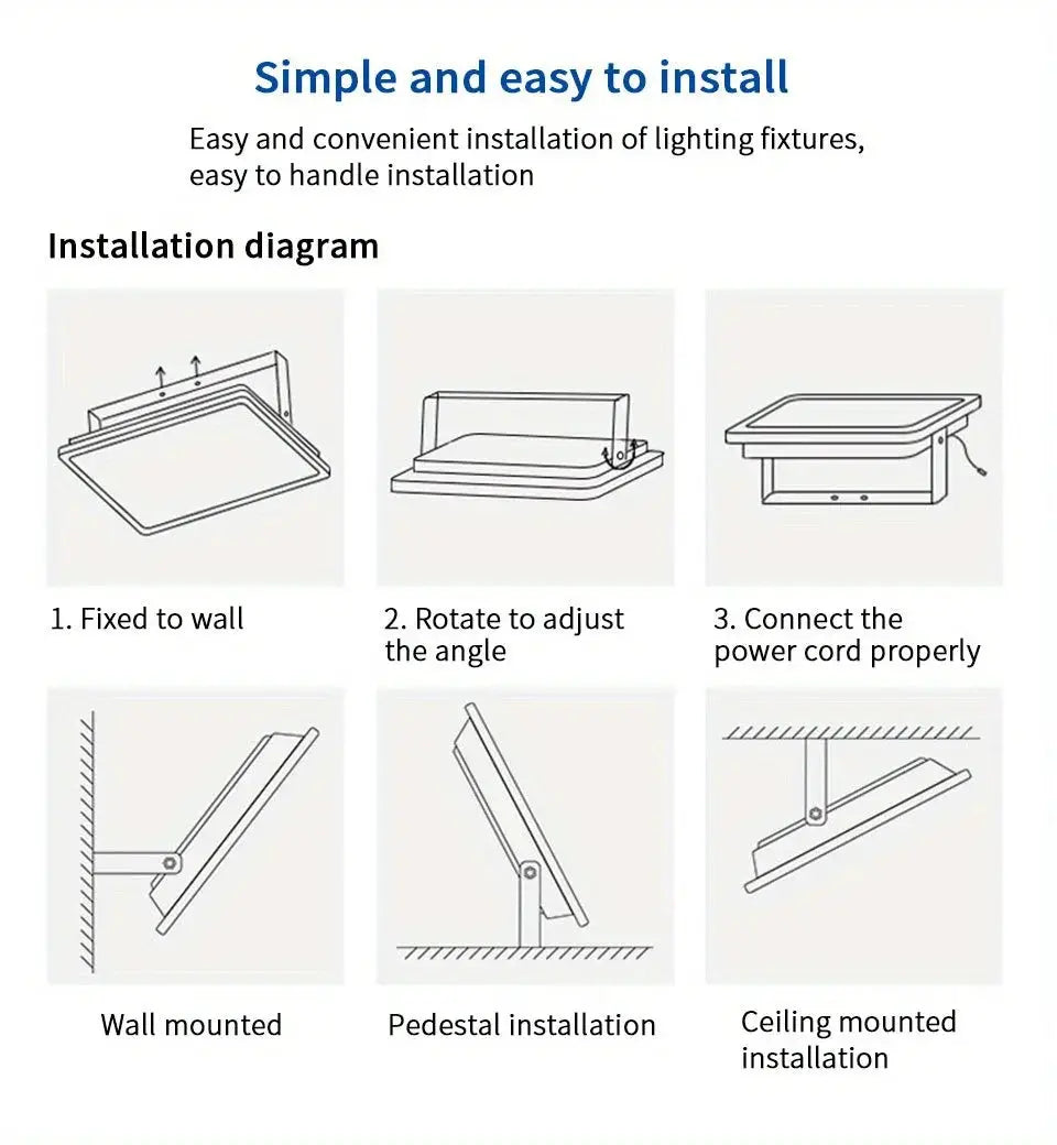 Waterproof IP67 LED Flood Light by Simples Market; installation diagrams show wall, pedestal, and ceiling mounts.