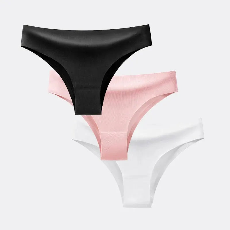 3-pack women's seamless T-back thong panties in black, pink, and white ice silk fabric