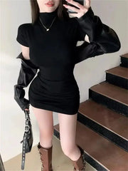Sexy Tight Mini Dress Half High Collar Pleated Waist Bodycon Women