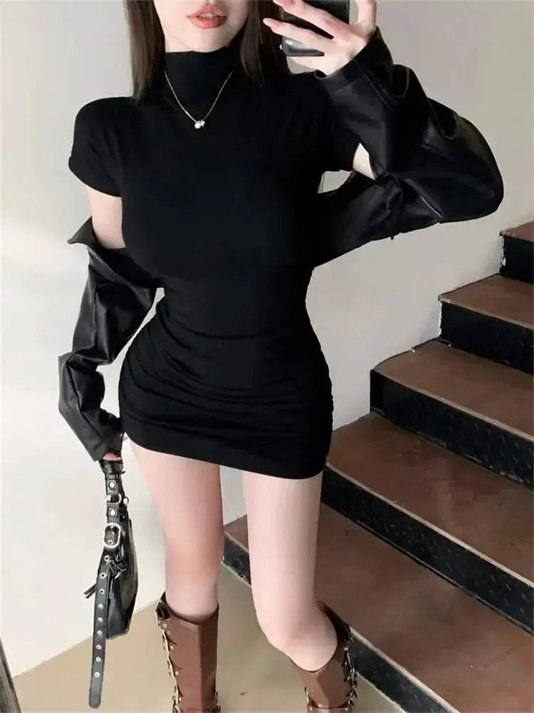 Sexy Tight Mini Dress Half High Collar Pleated Waist Bodycon Women