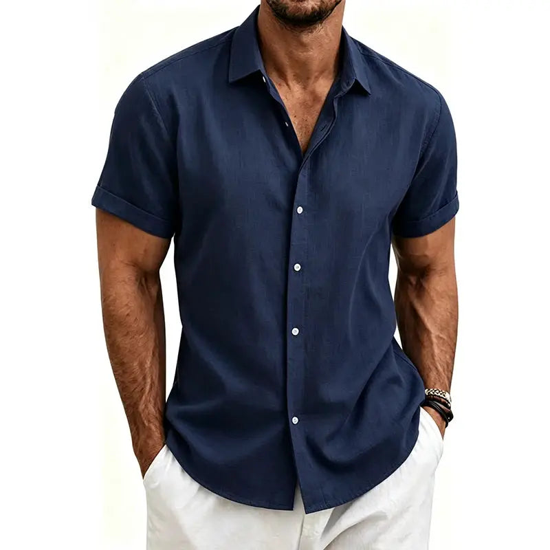 Simples Market men's navy cotton-linen shirt, short-sleeve button-down for casual beachwear.