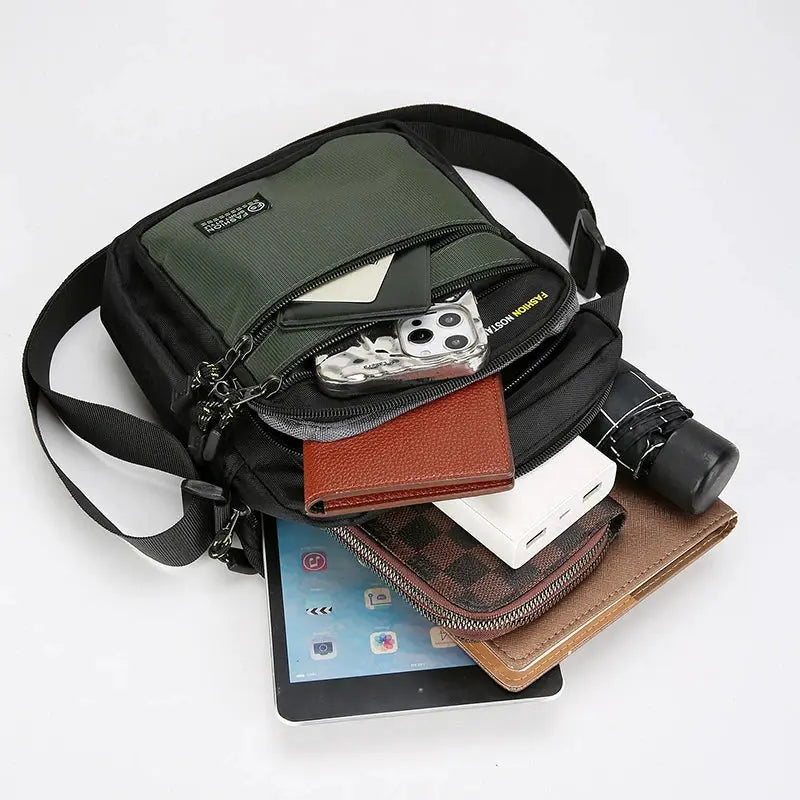 New Fashion Oxford Men Crossbody Bag with multiple pockets, black/green, big capacity holds phone, wallet, tablet